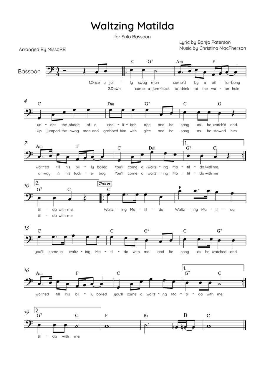 Waltzing Matilda - Solo Bassoon in C Major With Lyrics & Chords Bassoon Solo scores gallery preview page 1