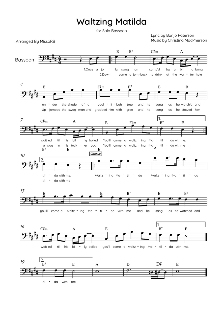 Waltzing Matilda - Solo Bassoon in E Major With Lyrics & Chords Bassoon Solo scores gallery preview page 1