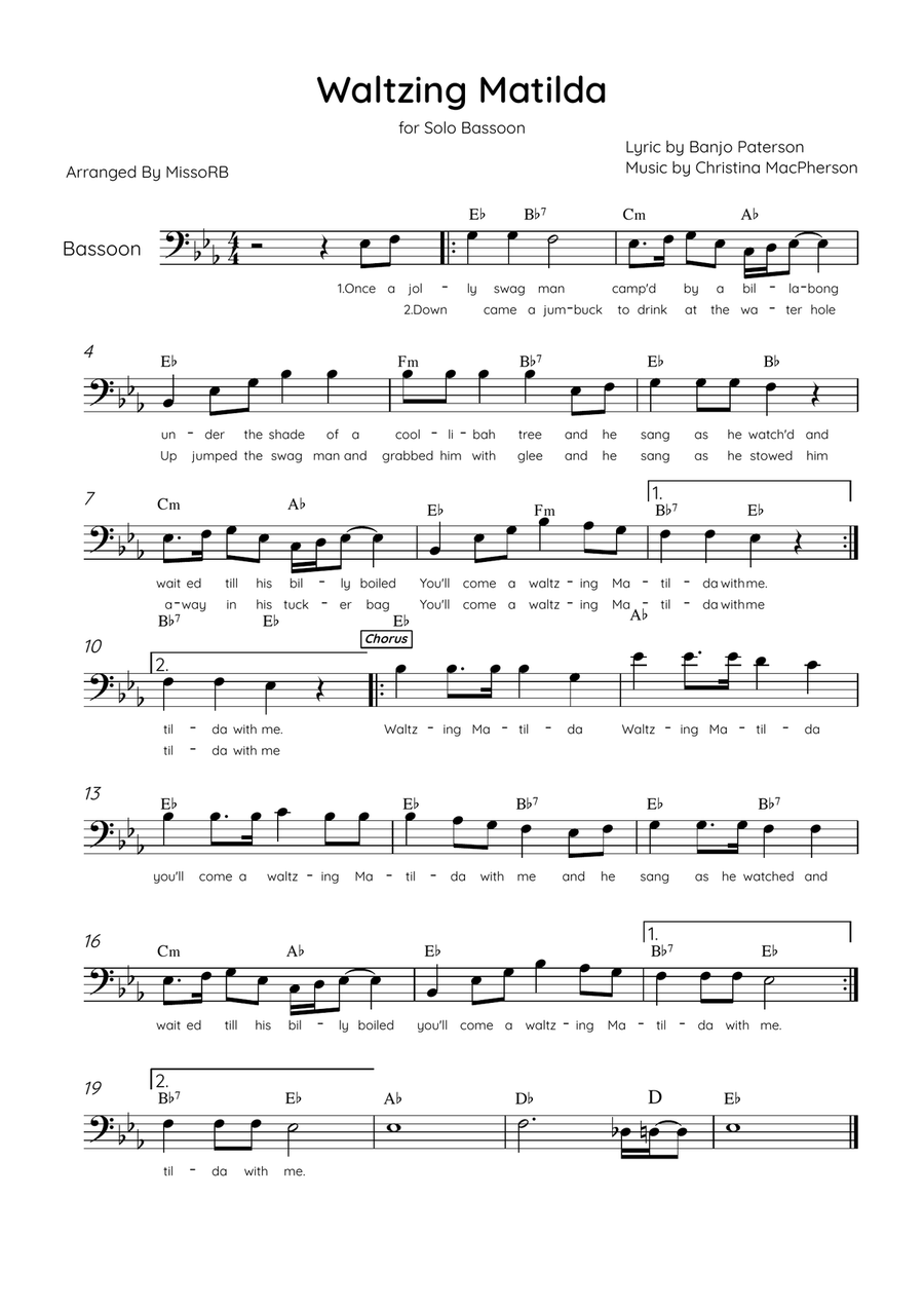 Waltzing Matilda - Solo Bassoon in Eb Major With Lyrics & Chords Bassoon Solo scores gallery preview page 1
