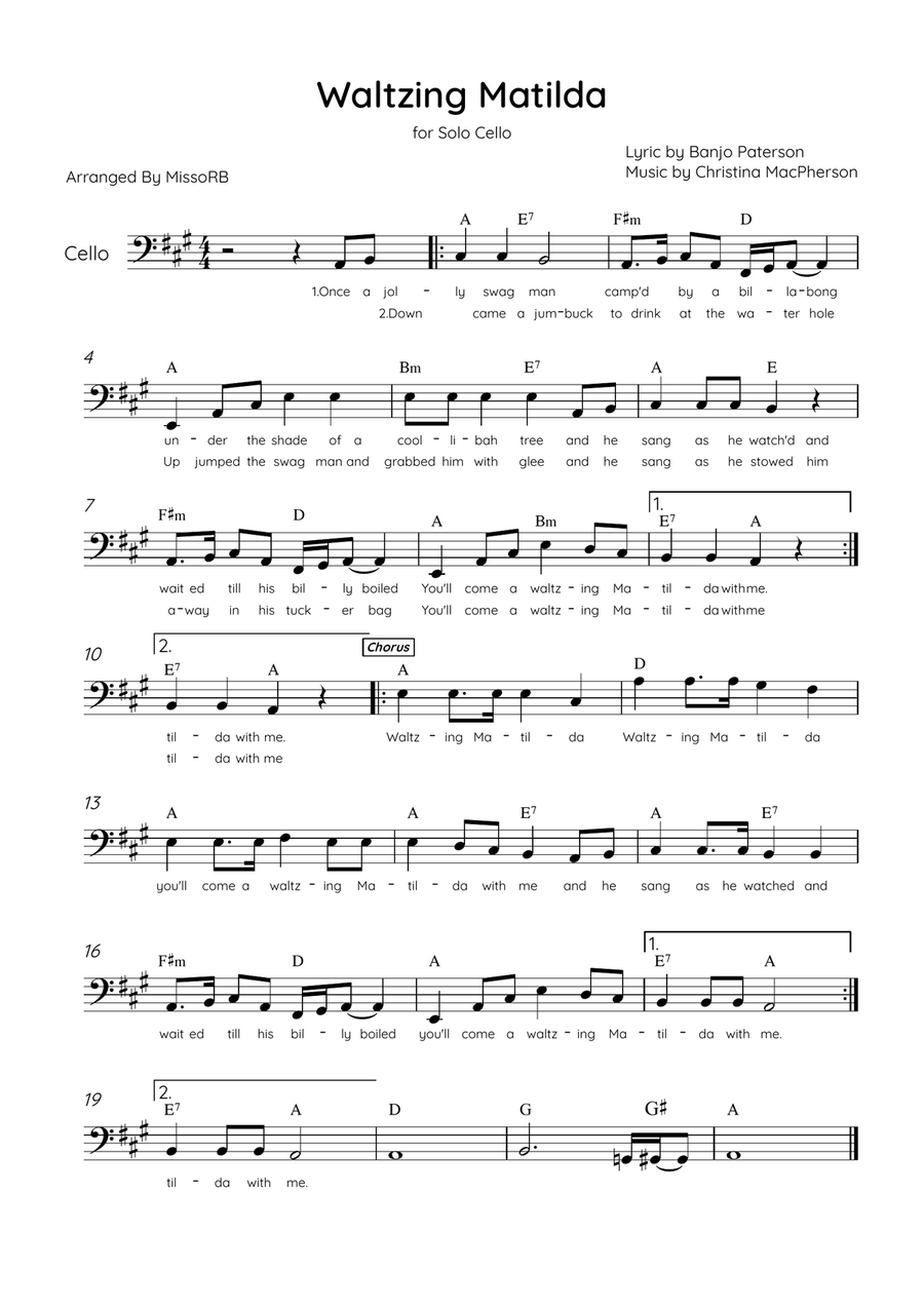 Waltzing Matilda - Solo Cello in A Major With Lyrics & Chords Cello Solo scores gallery preview page 1