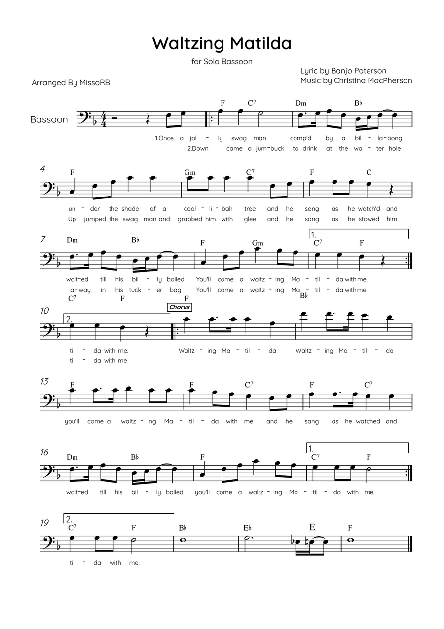 Waltzing Matilda - Solo Bassoon in F Major With Lyrics & Chords Bassoon Solo scores gallery preview page 1