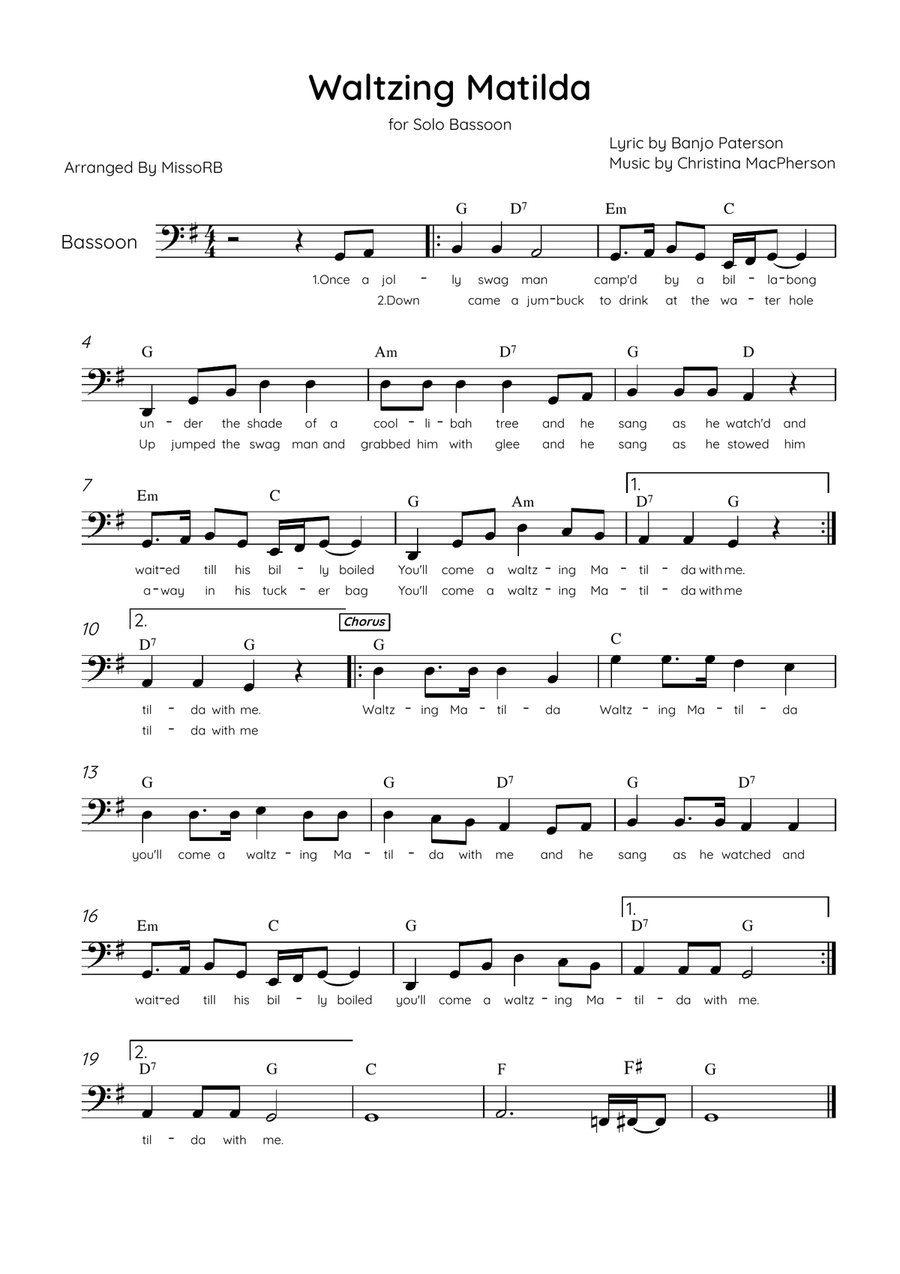 Waltzing Matilda - Solo Bassoon in G Major With Lyrics & Chords Bassoon Solo scores gallery preview page 1