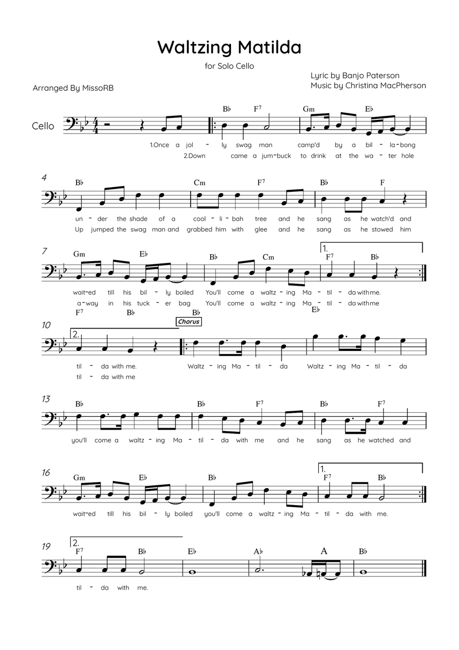 Waltzing Matilda - Solo Cello in Bb Major With Lyrics & Chords Cello Solo scores gallery preview page 1