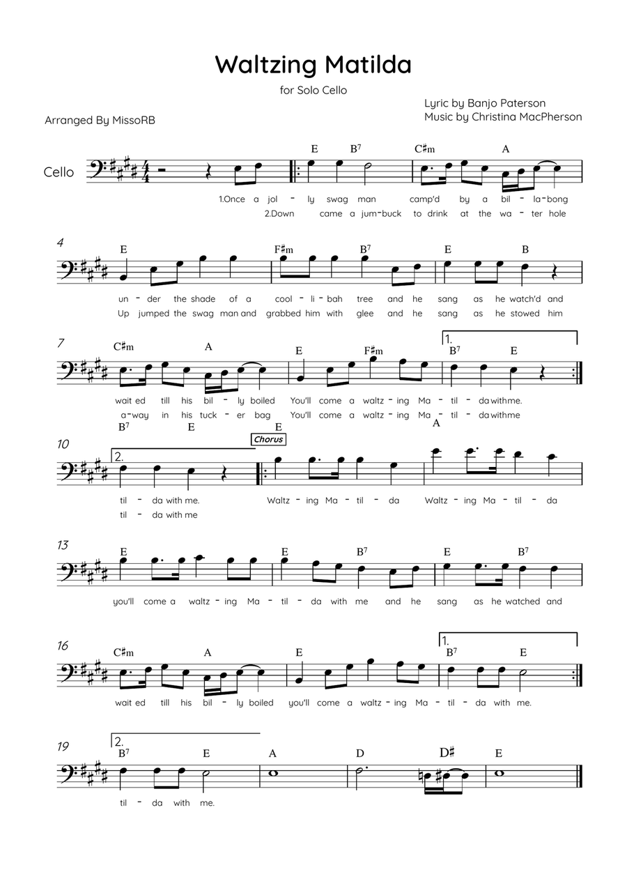 Waltzing Matilda - Solo Cello in E Major With Lyrics & Chords Cello Solo scores gallery preview page 1