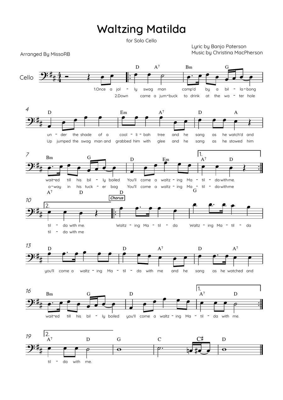 Waltzing Matilda - Solo Cello in D Major With Lyrics & Chords Cello Solo scores gallery preview page 1