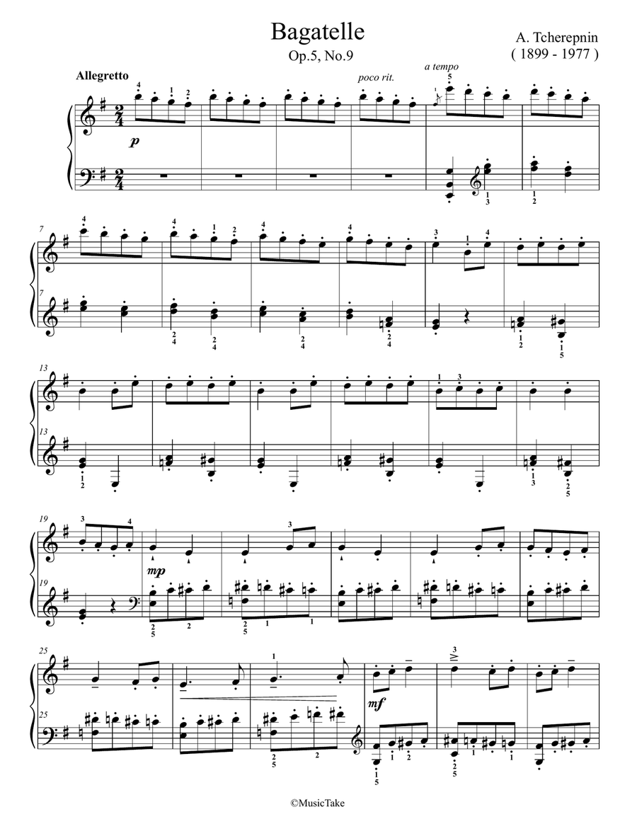 Tcherepnin Bagatelle Op.5, no.9 Easy Piano scores gallery preview page 1
