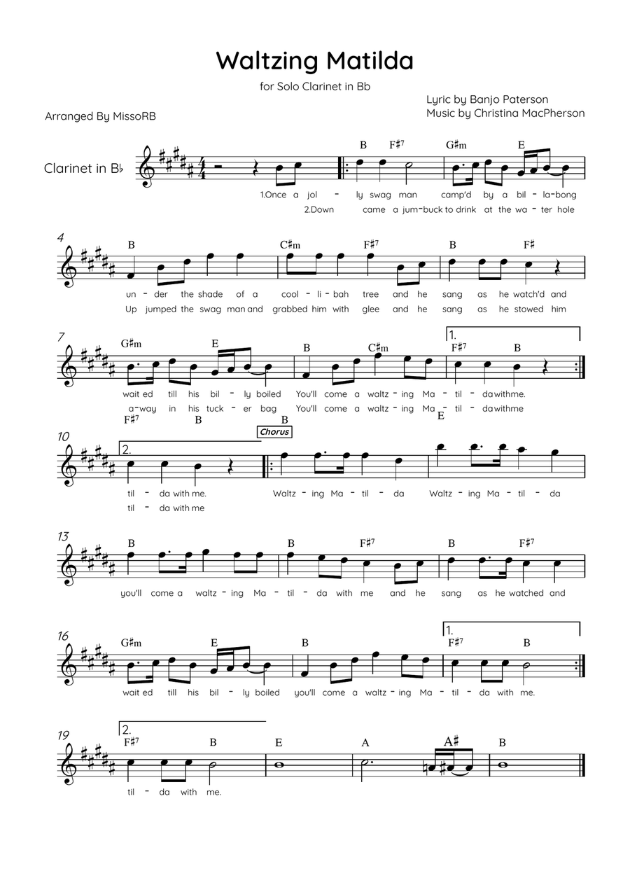 Waltzing Matilda - Solo Clarinet in A Major With Lyrics & Chords A Clarinet scores gallery preview page 1