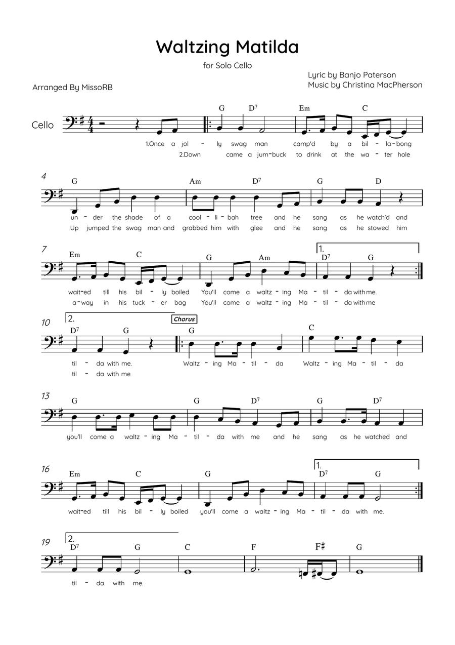 Waltzing Matilda - Solo Cello in G Major With Lyrics & Chords Cello Solo scores gallery preview page 1