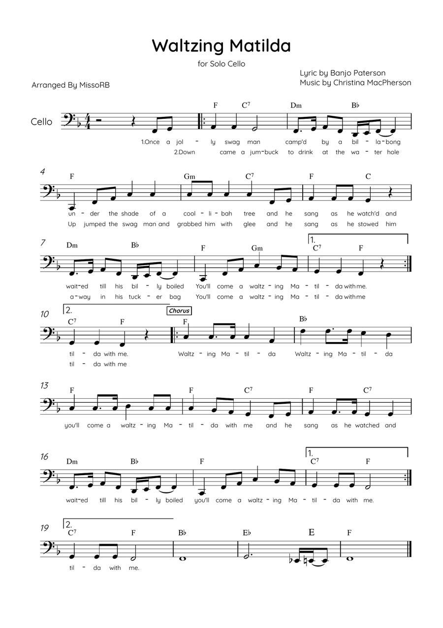 Waltzing Matilda - Solo Cello in F Major With Lyrics & Chords Cello Solo scores gallery preview page 1