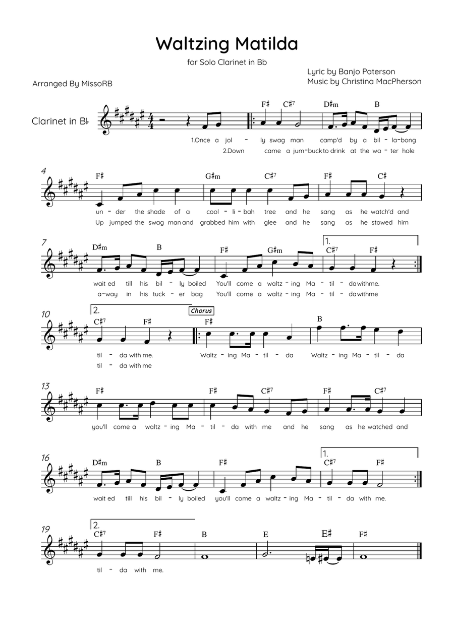 Waltzing Matilda - Solo Clarinet in E Major With Lyrics & Chords Bass Clarinet scores gallery preview page 1