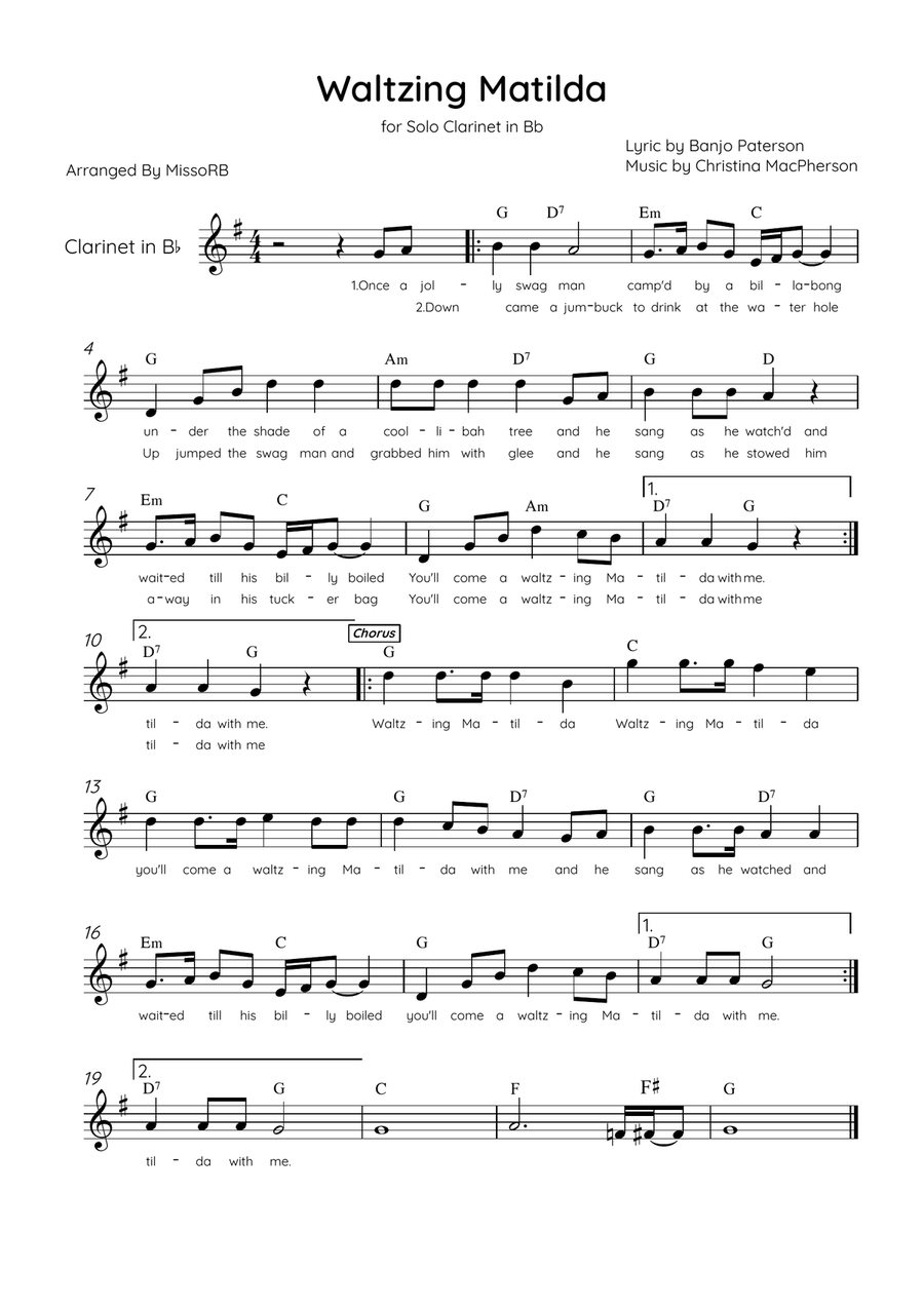 Waltzing Matilda - Solo Clarinet in F Major With Lyrics & Chords Bass Clarinet scores gallery preview page 1