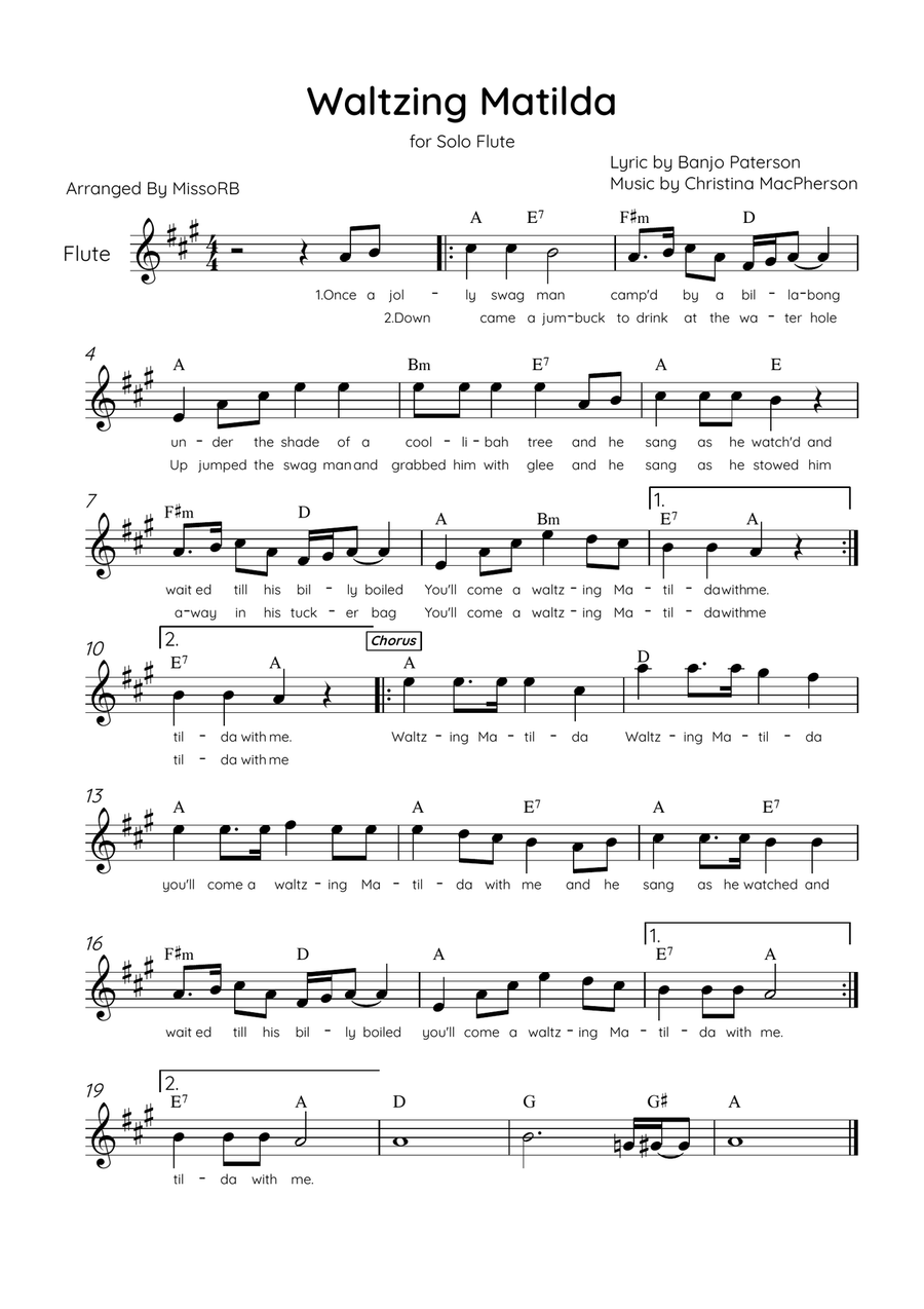 Waltzing Matilda - Solo Flute in A Major With Lyrics & Chords Flute Solo scores gallery preview page 1