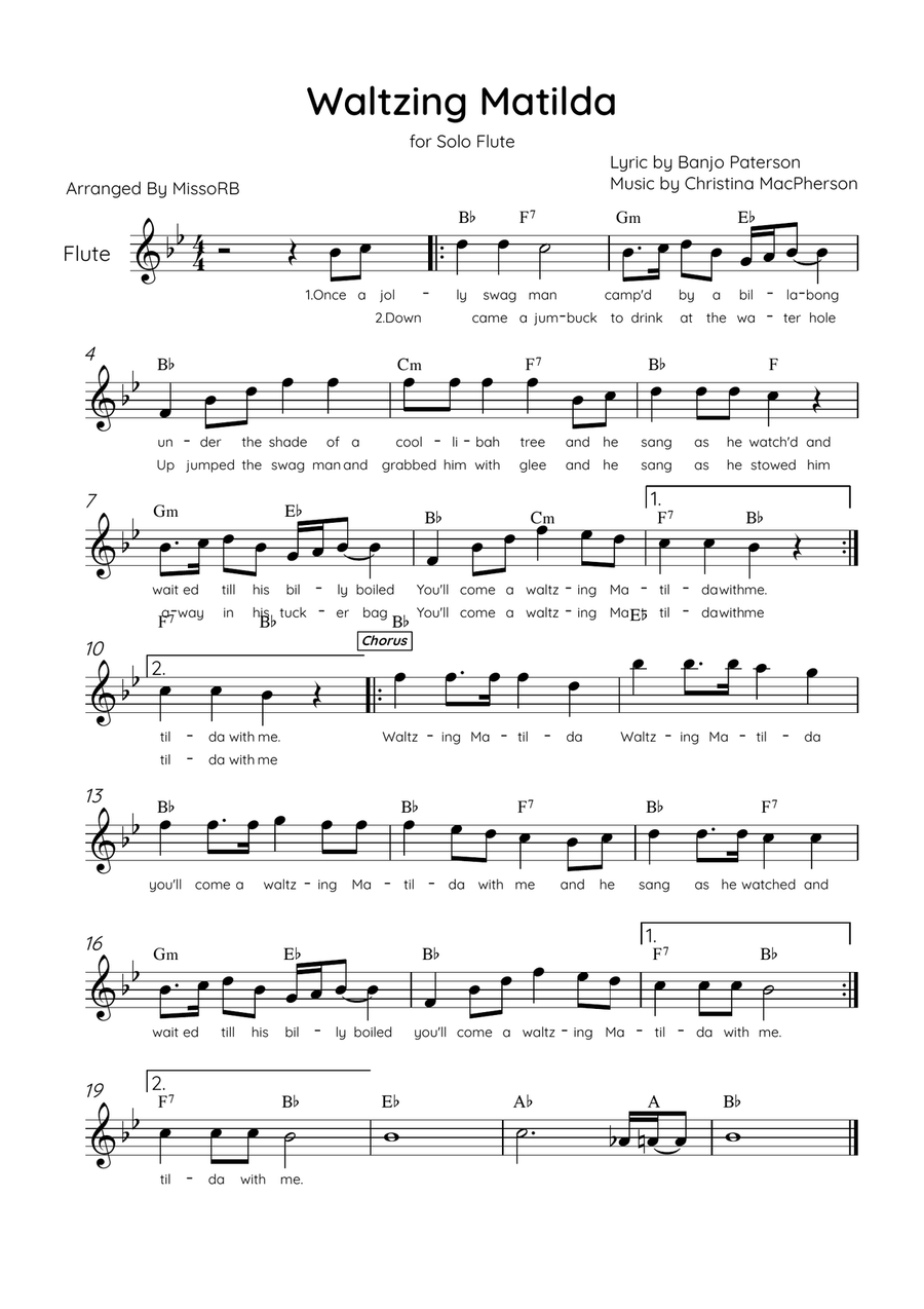 Waltzing Matilda - Solo Flute in Bb Major With Lyrics & Chords Flute Solo scores gallery preview page 1