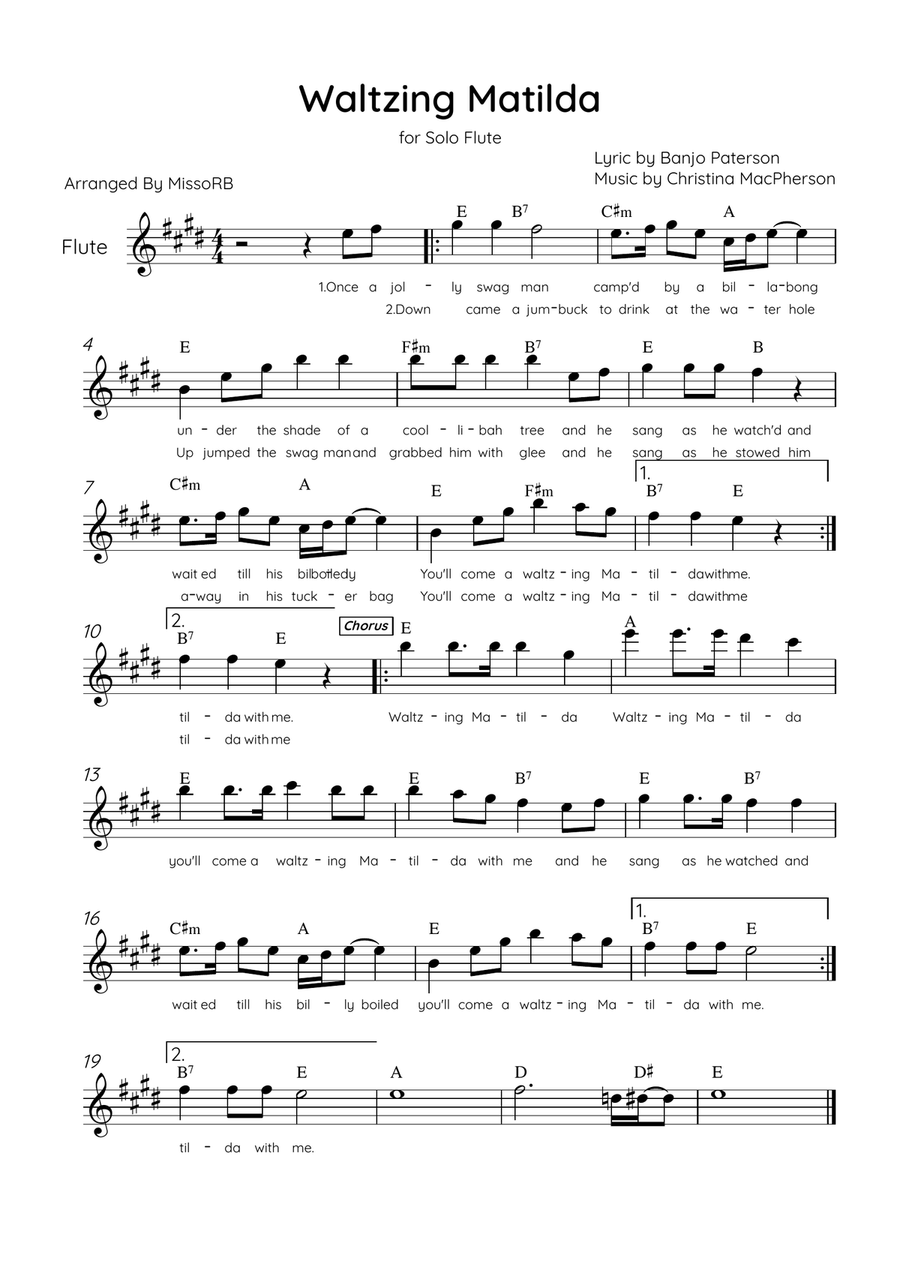 Waltzing Matilda - Solo Flute in E Major With Lyrics & Chords Flute Solo scores gallery preview page 1