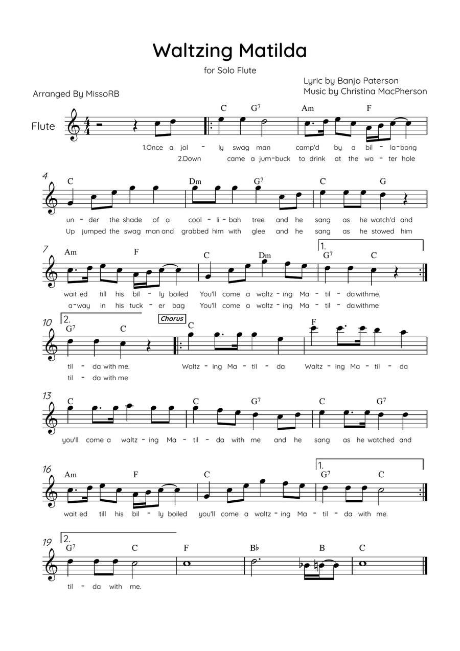 Waltzing Matilda - Solo Flute in C Major With Lyrics & Chords Flute Solo scores gallery preview page 1