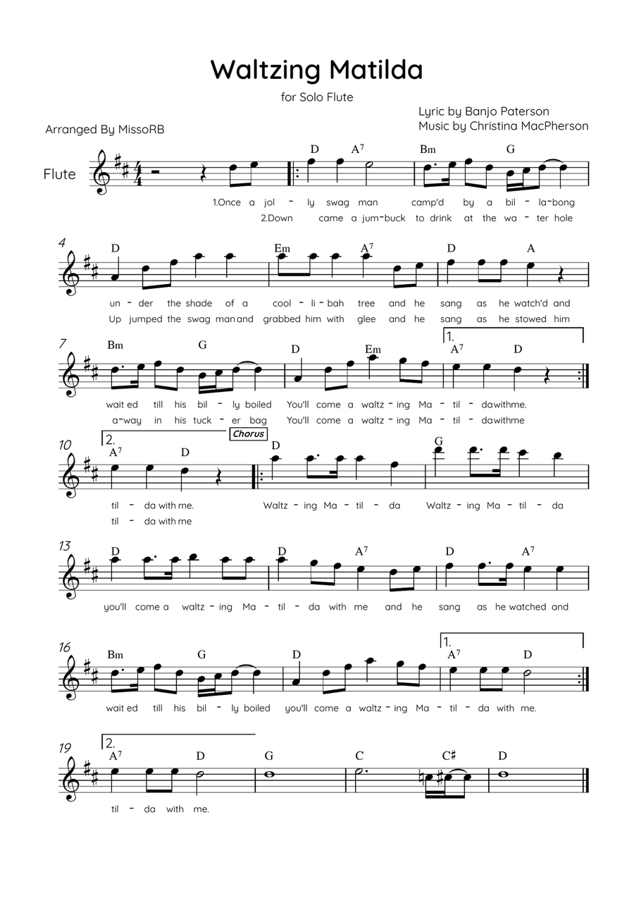 Waltzing Matilda - Solo Flute in D Major With Lyrics & Chords Flute Solo scores gallery preview page 1