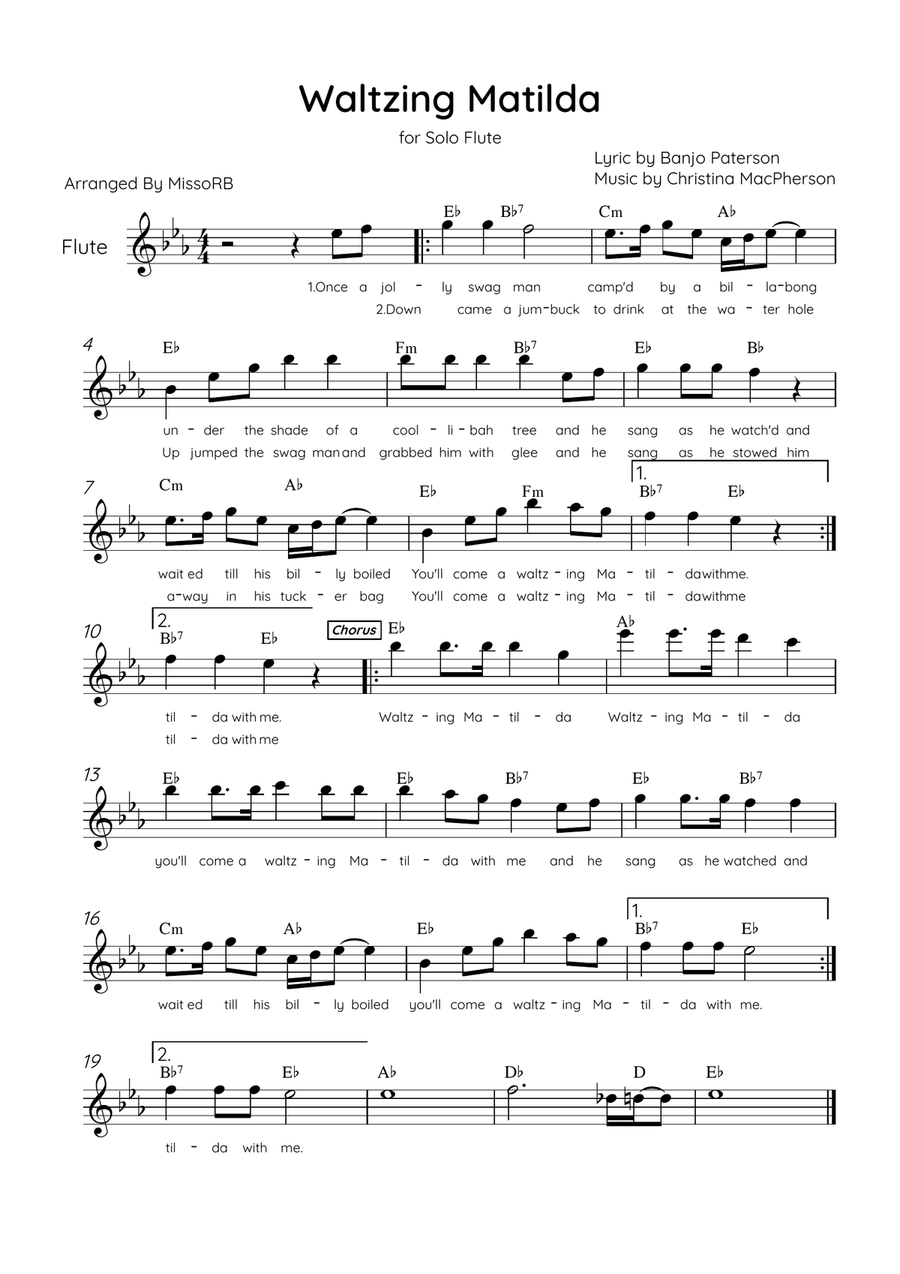 Waltzing Matilda - Solo Flute in Eb Major With Lyrics & Chords Flute Solo scores gallery preview page 1