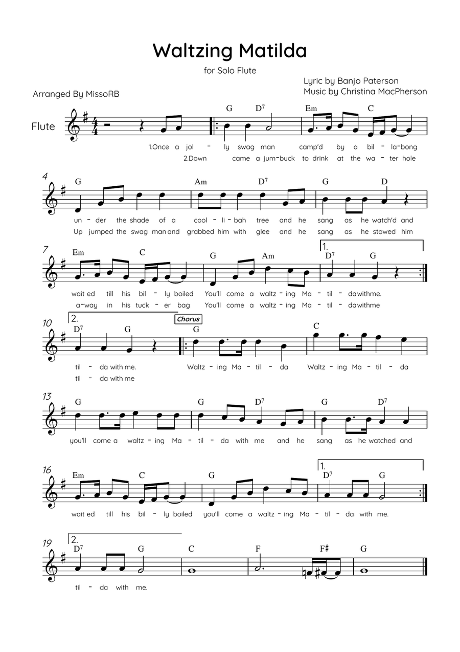 Waltzing Matilda - Solo Flute in G Major With Lyrics & Chords Flute Solo scores gallery preview page 1