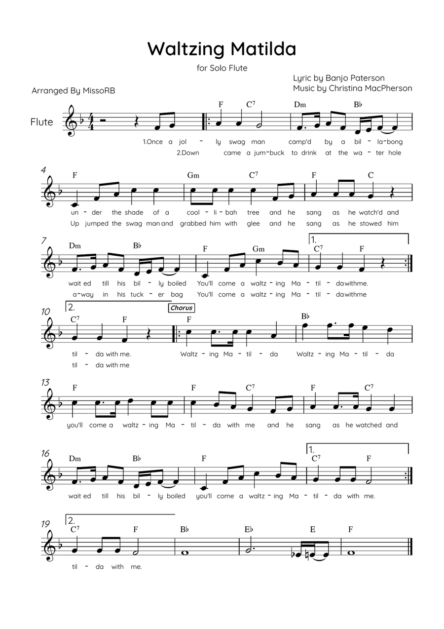 Waltzing Matilda - Solo Flute in F Major With Lyrics & Chords Flute Solo scores gallery preview page 1