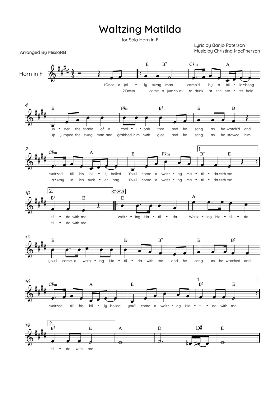 Waltzing Matilda - Solo Horn in A Major With Lyrics & Chords Horn Solo scores gallery preview page 1