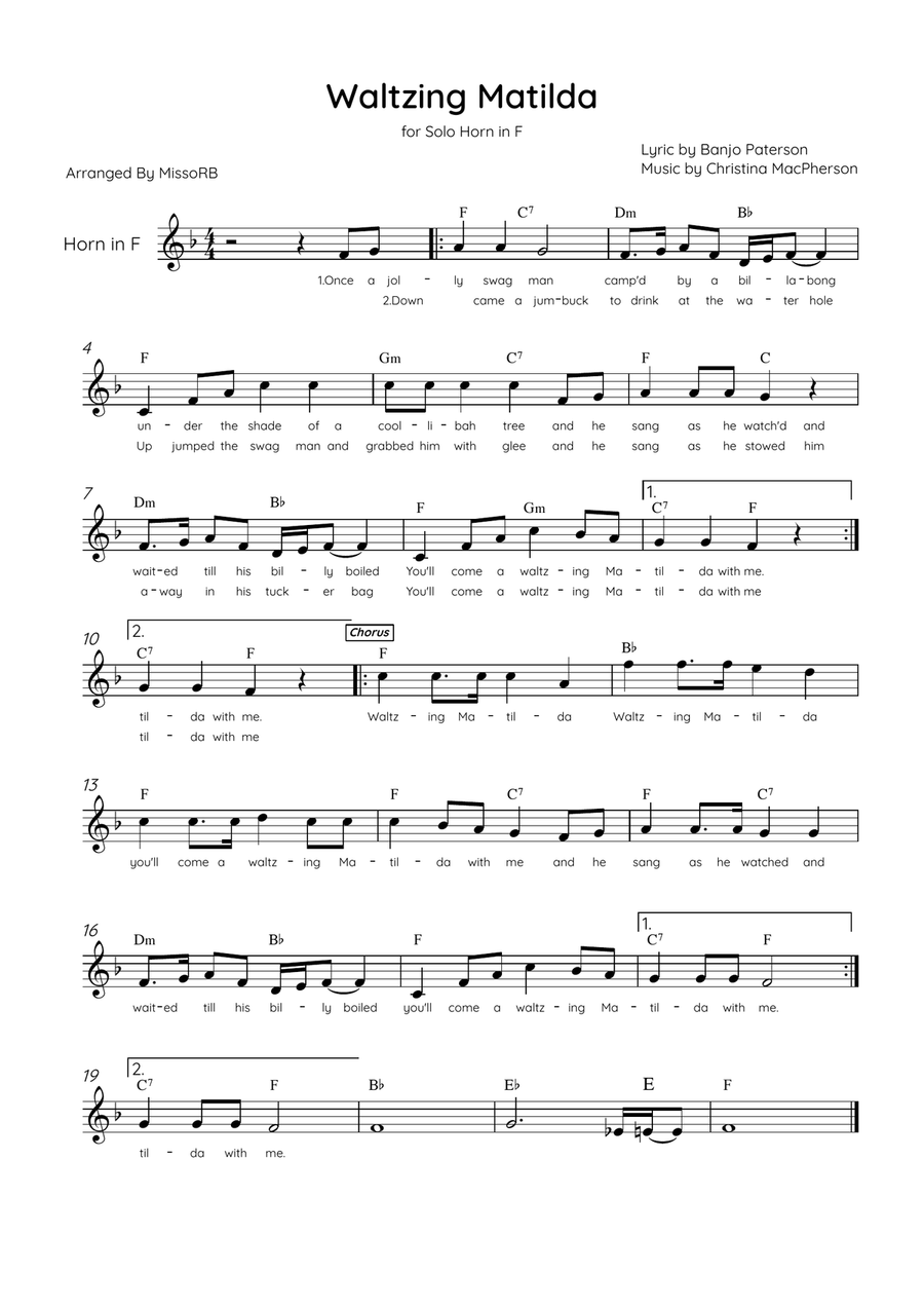 Waltzing Matilda - Solo Horn in Bb Major With Lyrics & Chords Horn Solo scores gallery preview page 1