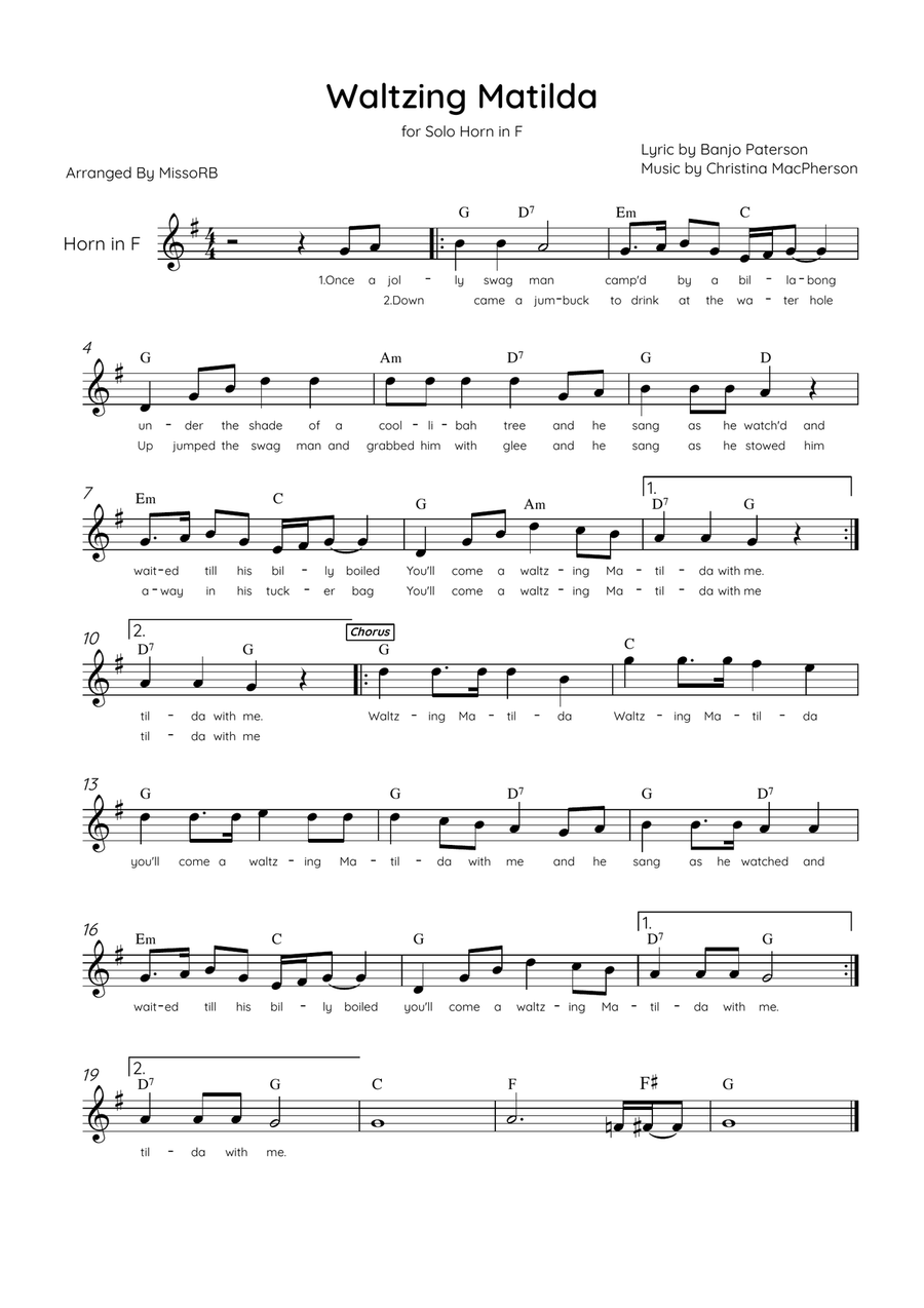 Waltzing Matilda - Solo Horn in C Major With Lyrics & Chords Horn Solo scores gallery preview page 1