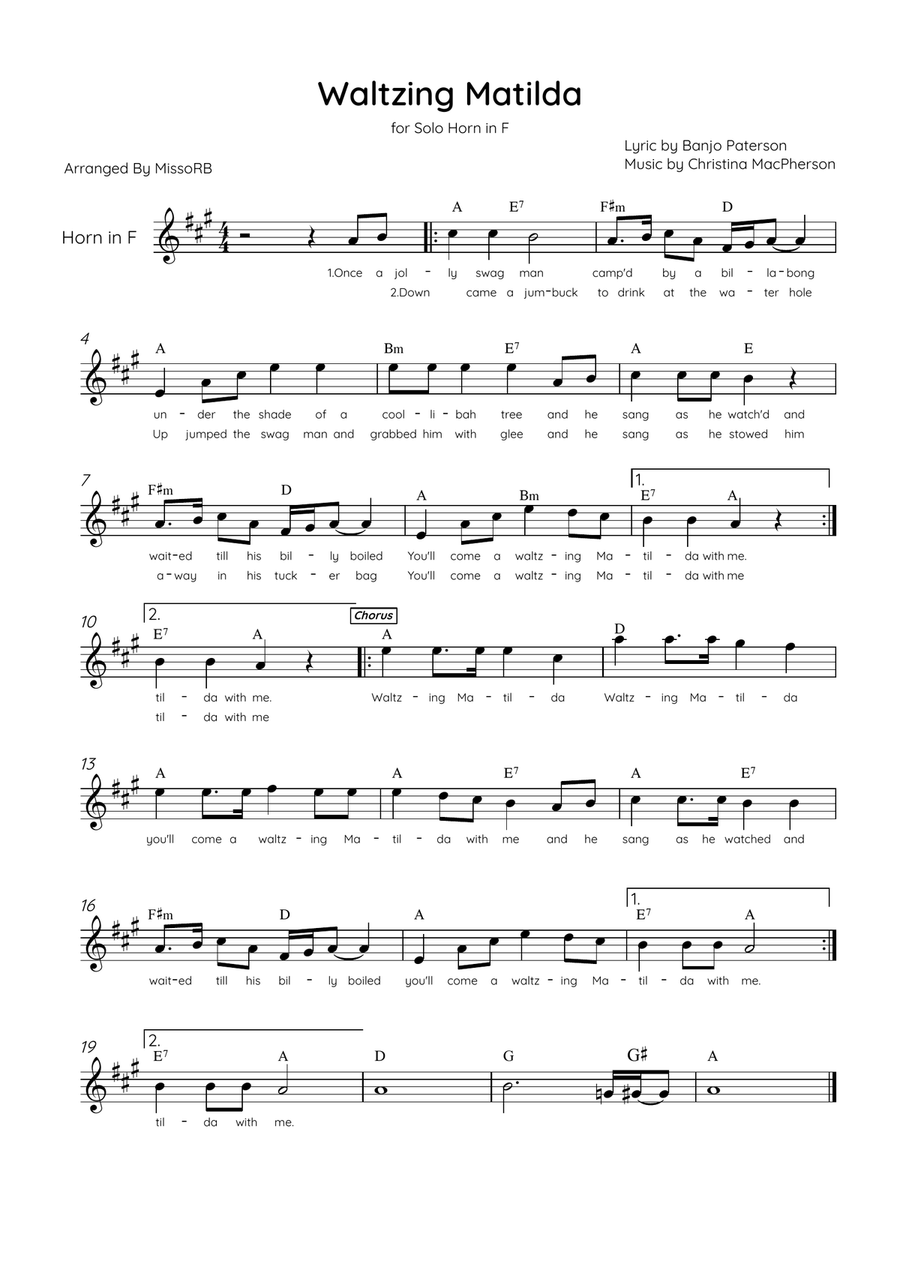 Waltzing Matilda - Solo Horn in D Major With Lyrics & Chords Horn Solo scores gallery preview page 1