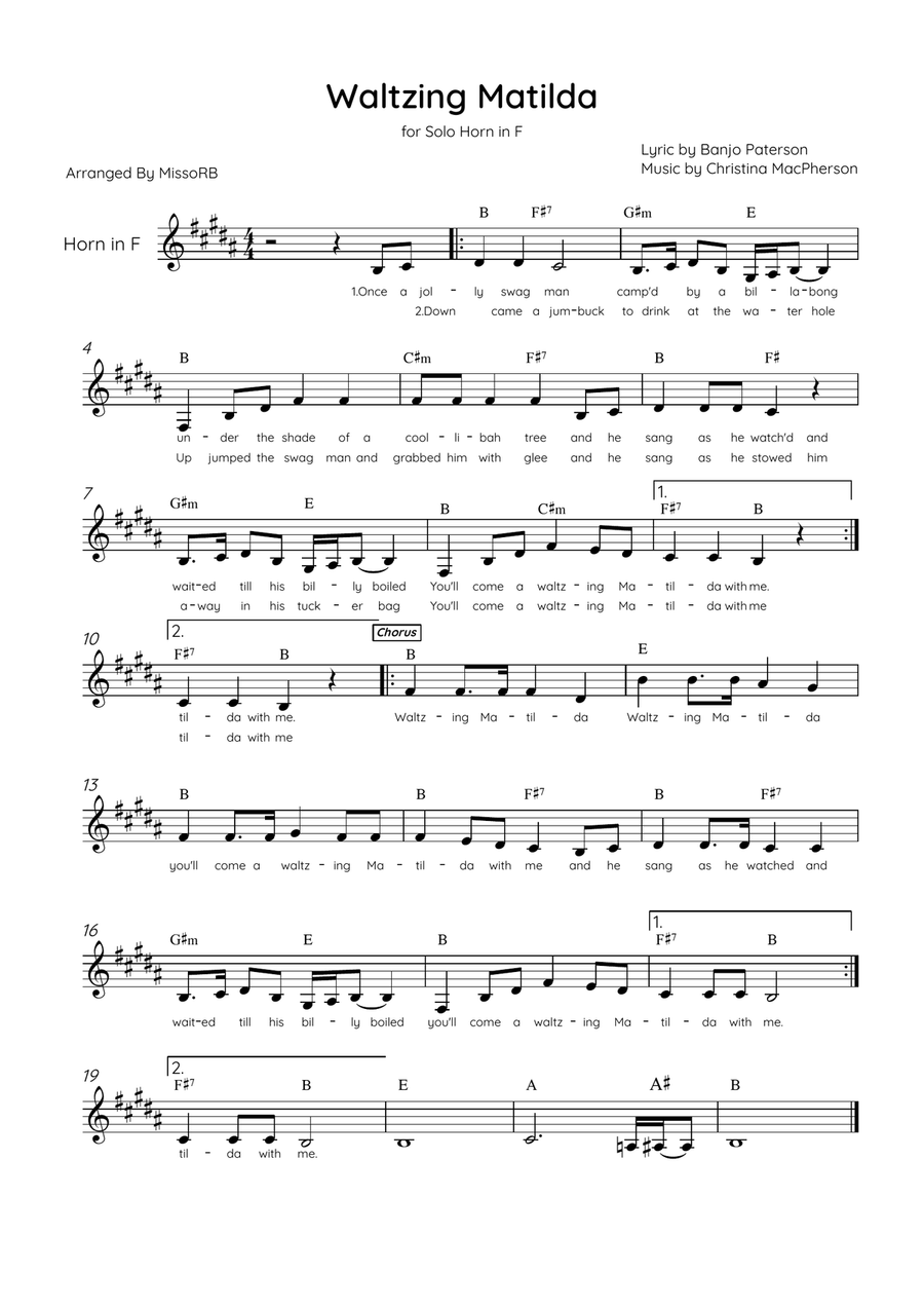 Waltzing Matilda - Solo Horn in E Major With Lyrics & Chords Horn Solo scores gallery preview page 1