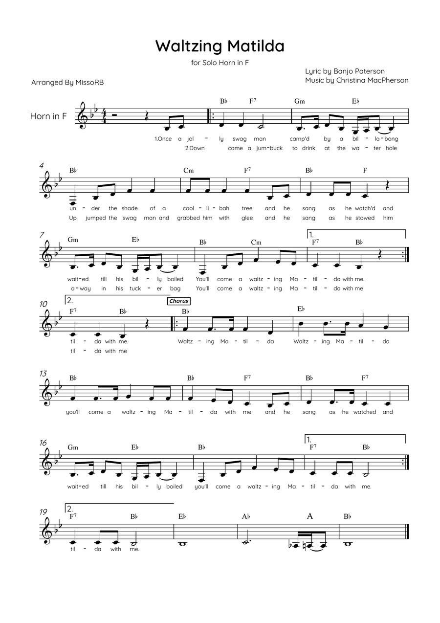 Waltzing Matilda - Solo Horn in Eb Major With Lyrics & Chords Horn Solo scores gallery preview page 1