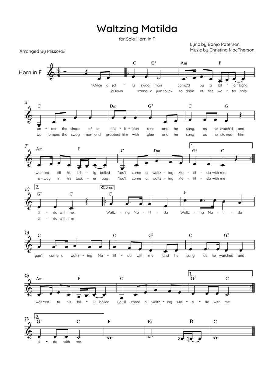 Waltzing Matilda - Solo Horn in F Major With Lyrics & Chords Horn Solo scores gallery preview page 1