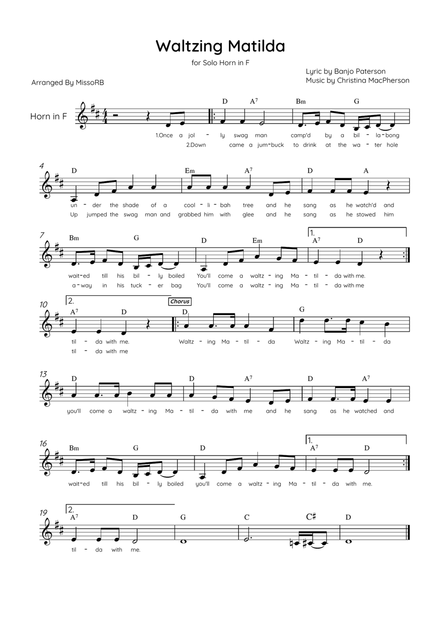 Waltzing Matilda - Solo Horn in G Major With Lyrics & Chords Horn Solo scores gallery preview page 1