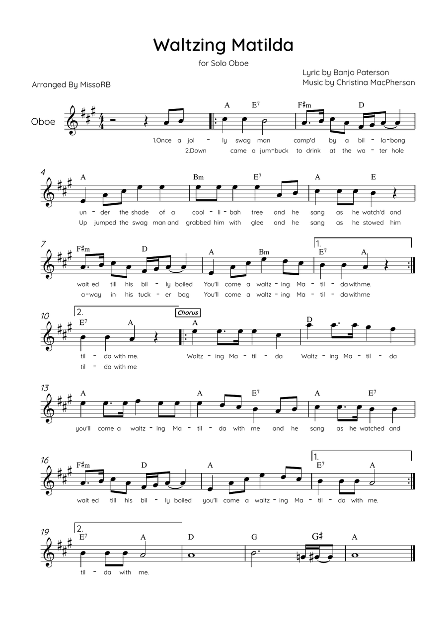 Waltzing Matilda - Solo Oboe in A Major With Lyrics & Chords Oboe Solo scores gallery preview page 1