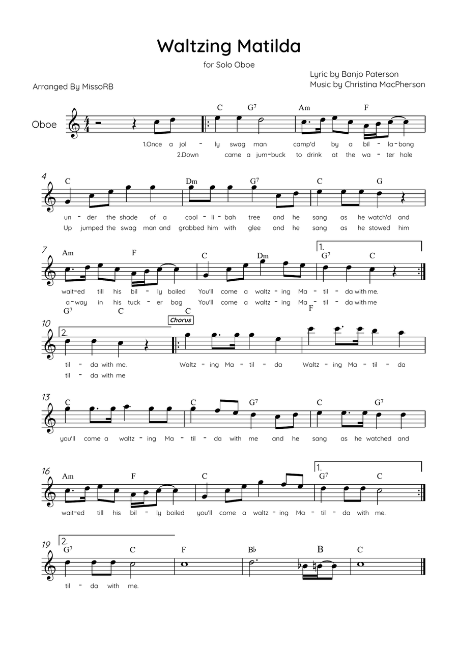 Waltzing Matilda - Solo Oboe in C Major With Lyrics & Chords Oboe Solo scores gallery preview page 1
