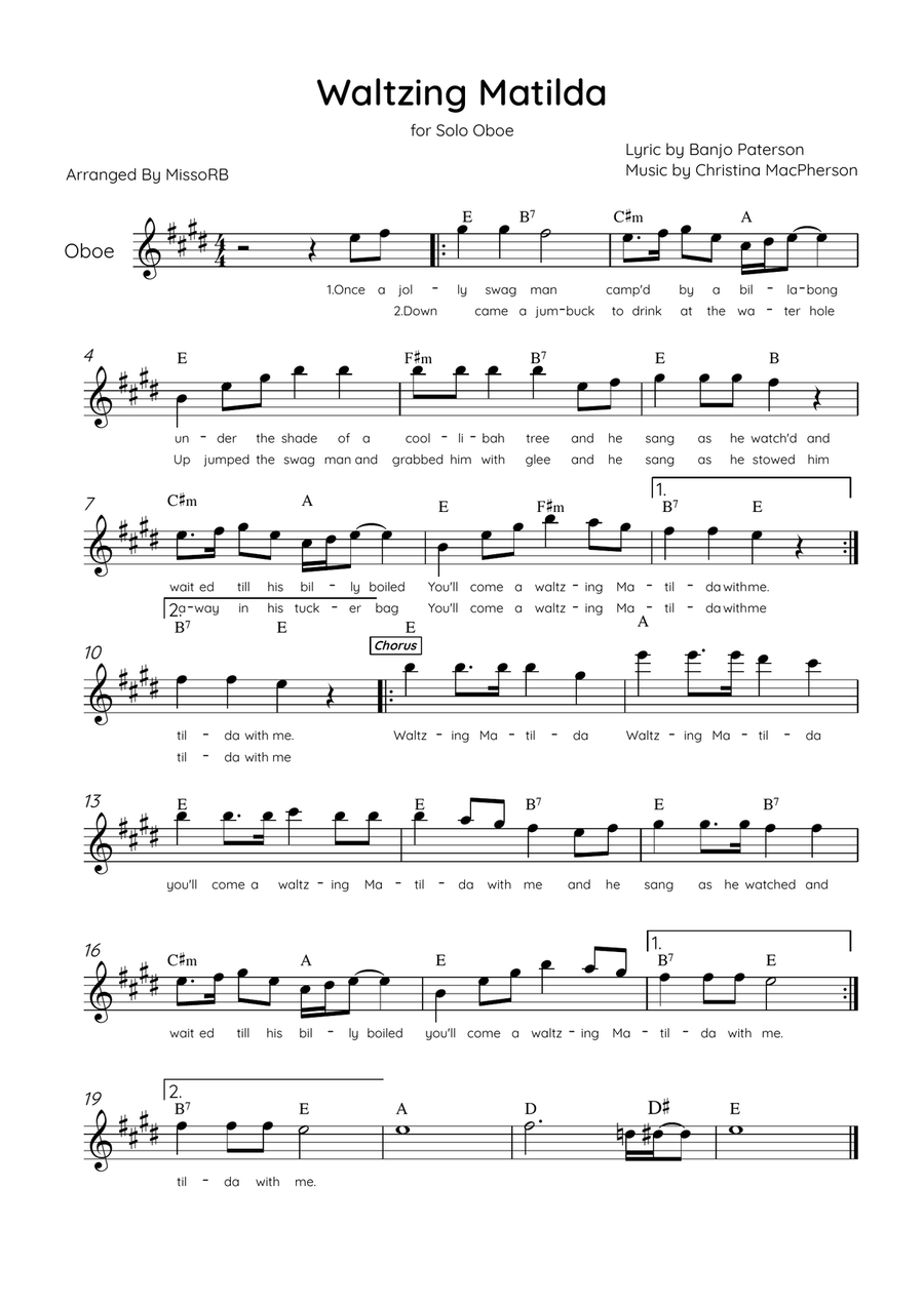 Waltzing Matilda - Solo Oboe in E Major With Lyrics & Chords Oboe Solo scores gallery preview page 1
