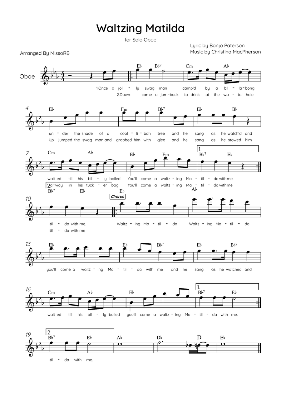 Waltzing Matilda - Solo Oboe in Eb Major With Lyrics & Chords Oboe Solo scores gallery preview page 1