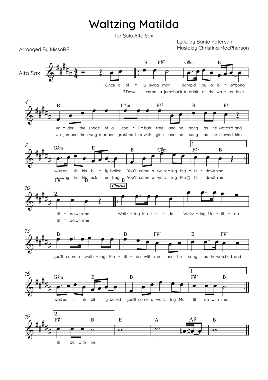 Waltzing Matilda - Solo Alto Sax in D Major With Lyrics & Chords Alto Saxophone scores gallery preview page 1