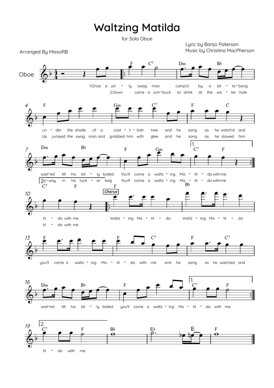 Waltzing Matilda - Solo Oboe in F Major With Lyrics & Chords Oboe Solo scores gallery preview page 1
