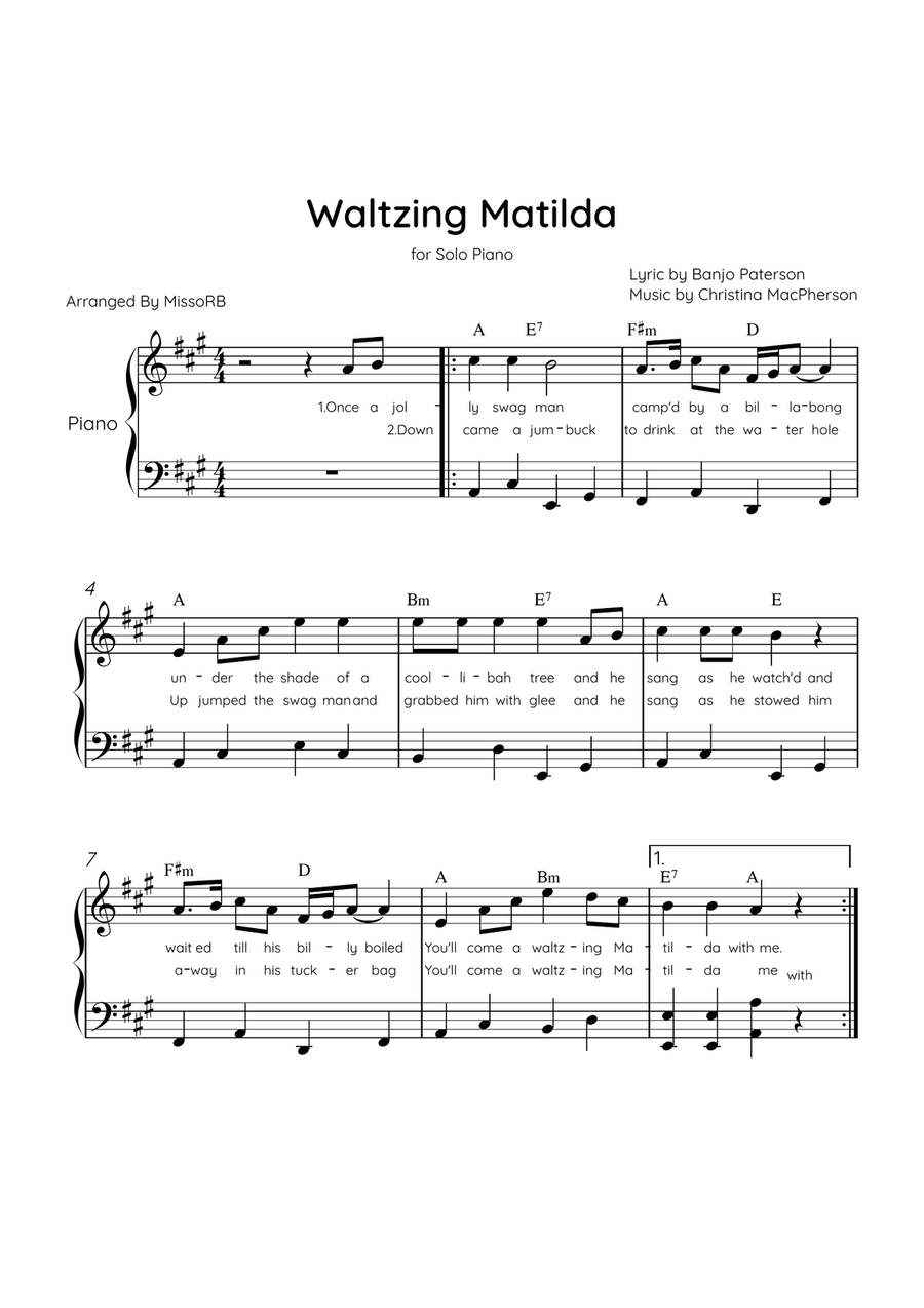Waltzing Matilda - Solo Piano in A Major With Lyrics & Chords Piano Solo scores gallery preview page 1