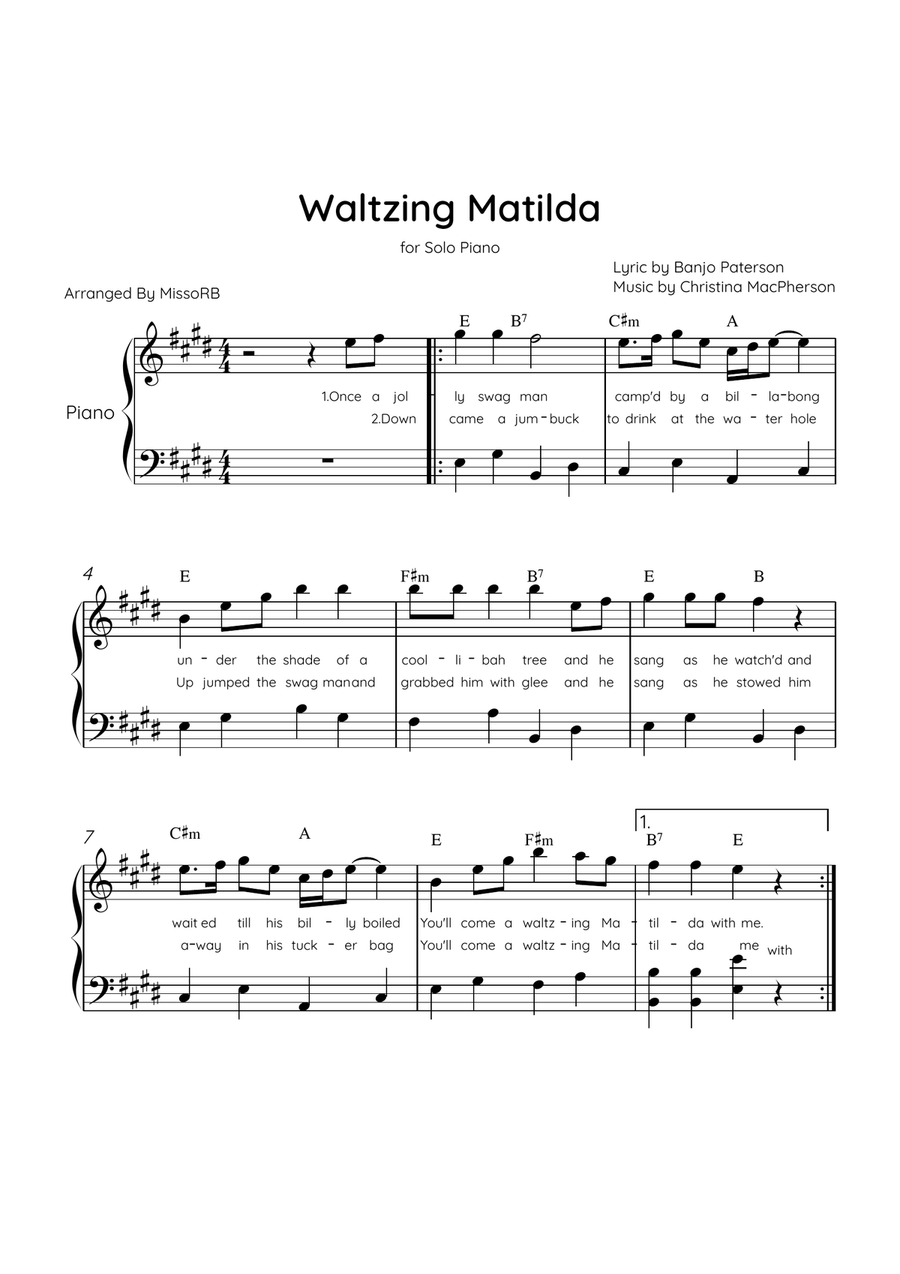 Waltzing Matilda - Solo Piano in E Major With Lyrics & Chords Piano Solo scores gallery preview page 1