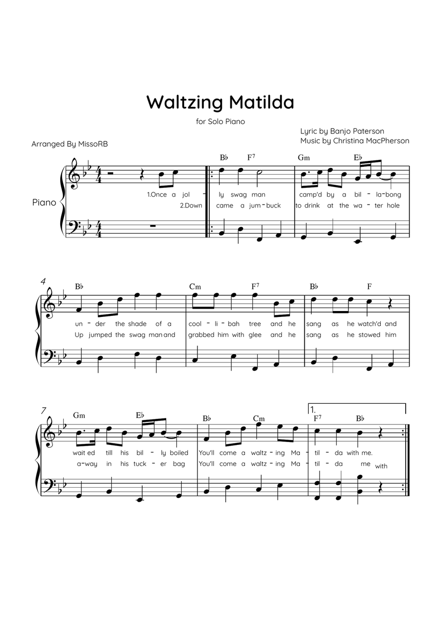 Waltzing Matilda - Solo Piano in Bb Major With Lyrics & Chords Piano Solo scores gallery preview page 1