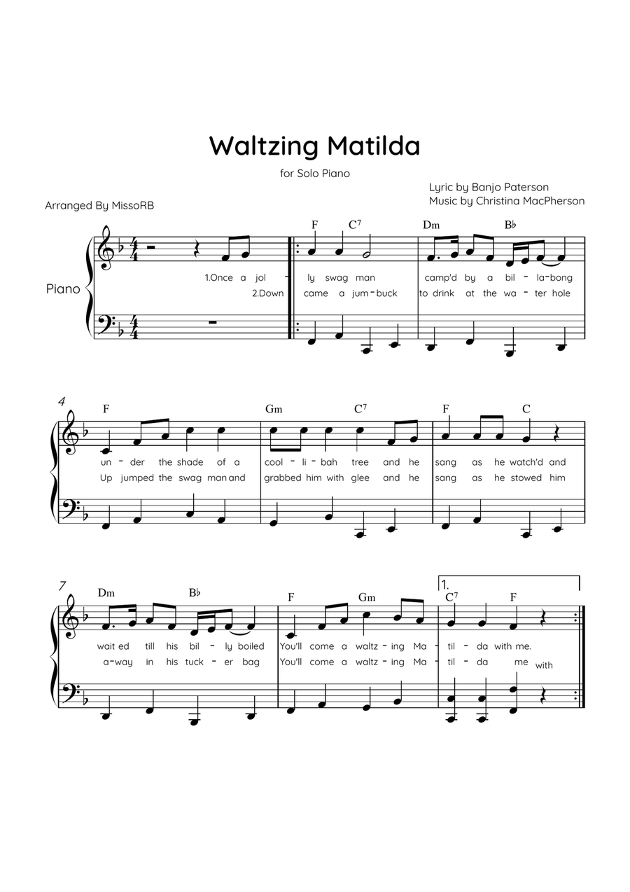 Waltzing Matilda - Solo Piano in F Major With Lyrics & Chords Piano Solo scores gallery preview page 1