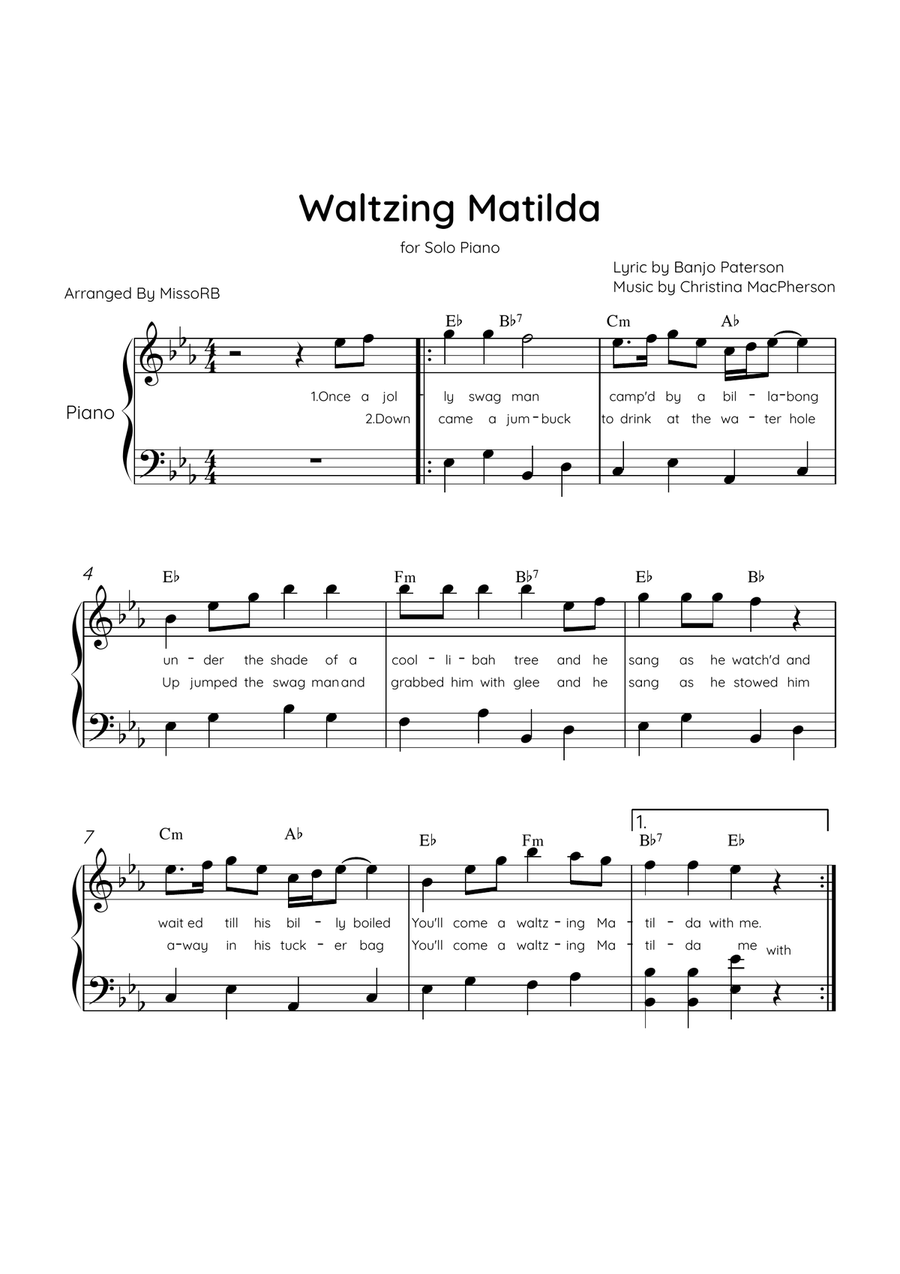 Waltzing Matilda - Solo Piano in Eb Major With Lyrics & Chords Piano Solo scores gallery preview page 1
