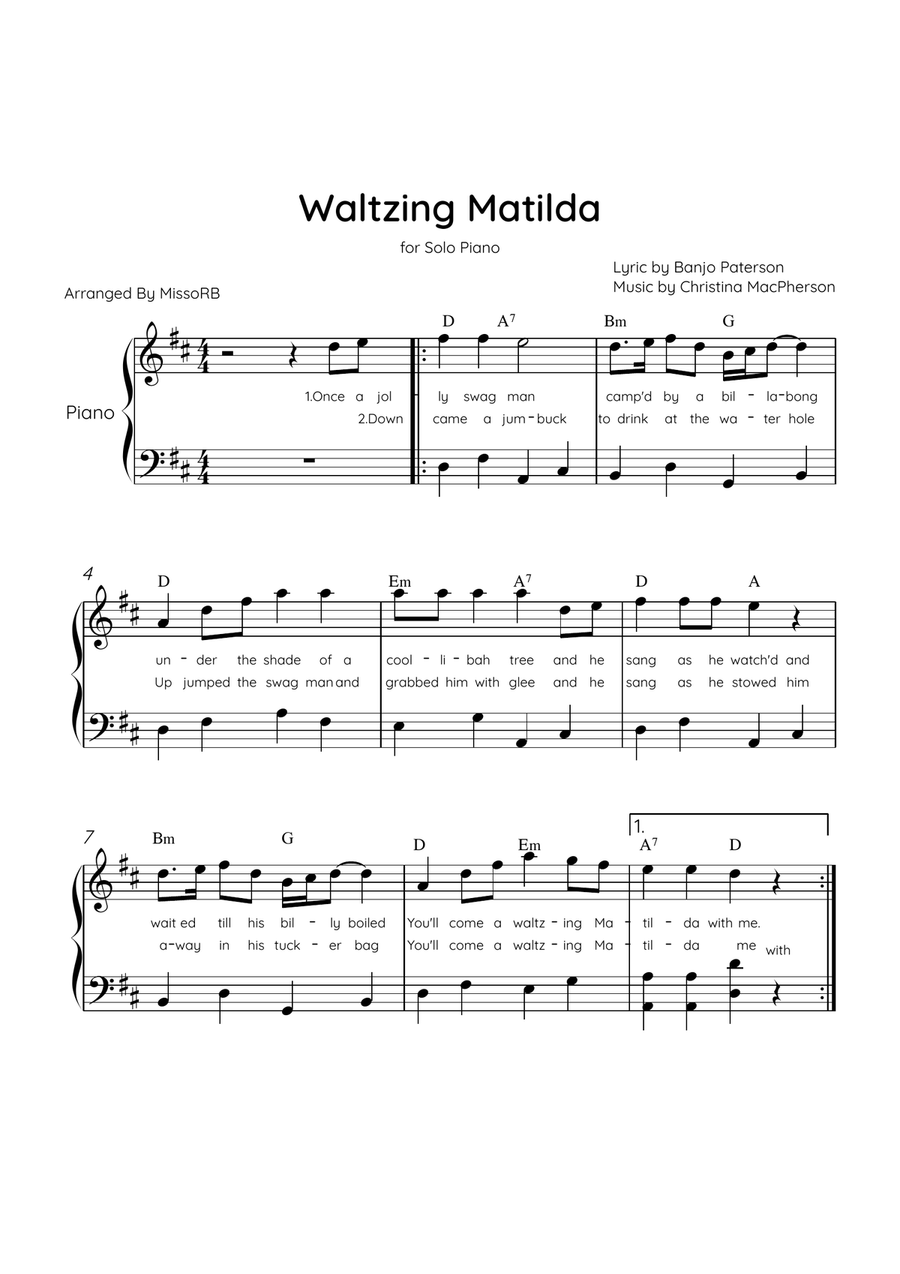 Waltzing Matilda - Solo Piano in D Major With Lyrics & Chords Piano Solo scores gallery preview page 1