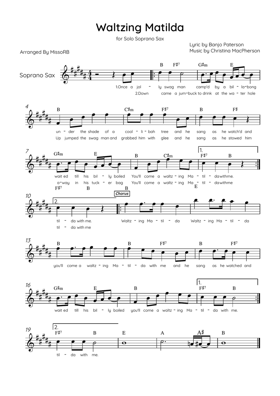 Waltzing Matilda - Solo Soprano Sax in A Major With Lyrics & Chords Soprano Saxophone scores gallery preview page 1