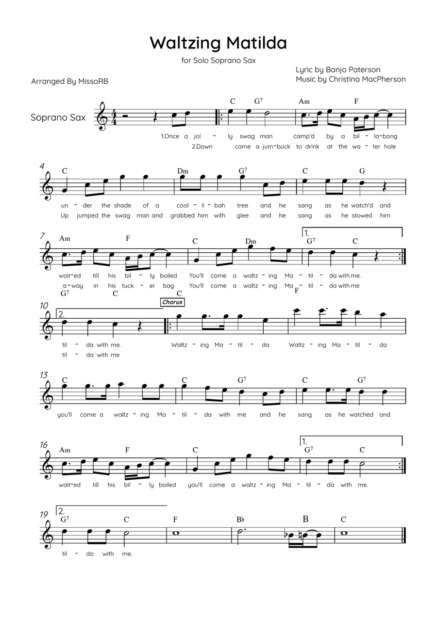 Waltzing Matilda - Solo Soprano Sax in Bb Major With Lyrics & Chords Soprano Saxophone scores gallery preview page 1