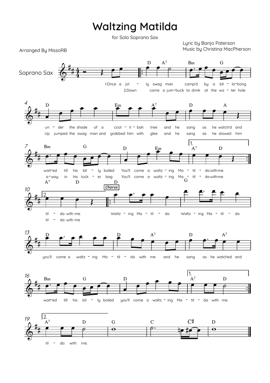 Waltzing Matilda - Solo Soprano Sax in C Major With Lyrics & Chords Soprano Saxophone scores gallery preview page 1