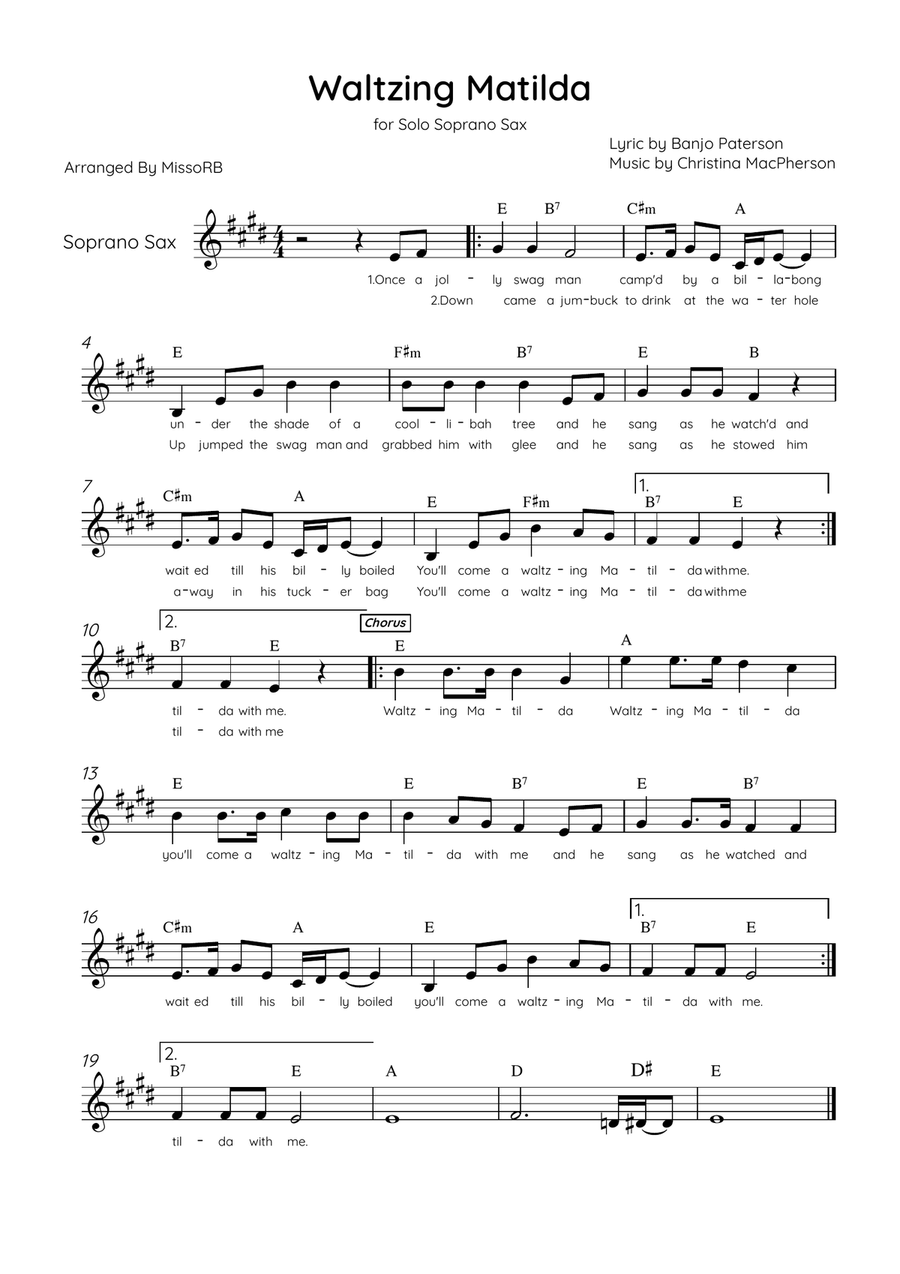 Waltzing Matilda - Solo Soprano Sax in D Major With Lyrics & Chords Soprano Saxophone scores gallery preview page 1