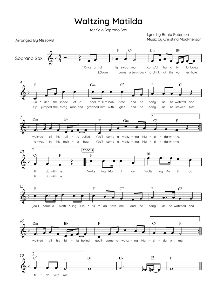 Waltzing Matilda - Solo Soprano Sax in Eb Major With Lyrics & Chords Soprano Saxophone scores gallery preview page 1