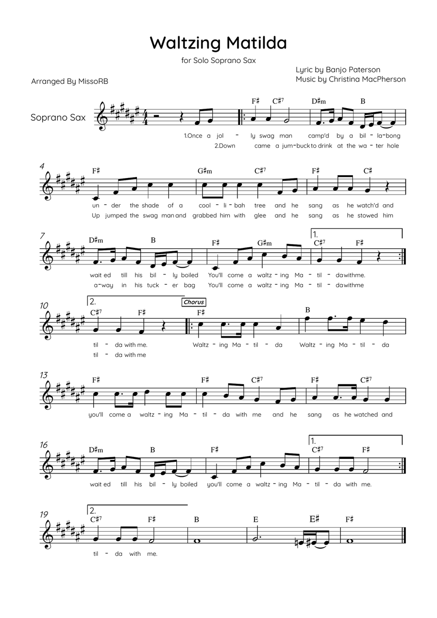 Waltzing Matilda - Solo Soprano Sax in E Major With Lyrics & Chords Soprano Saxophone scores gallery preview page 1