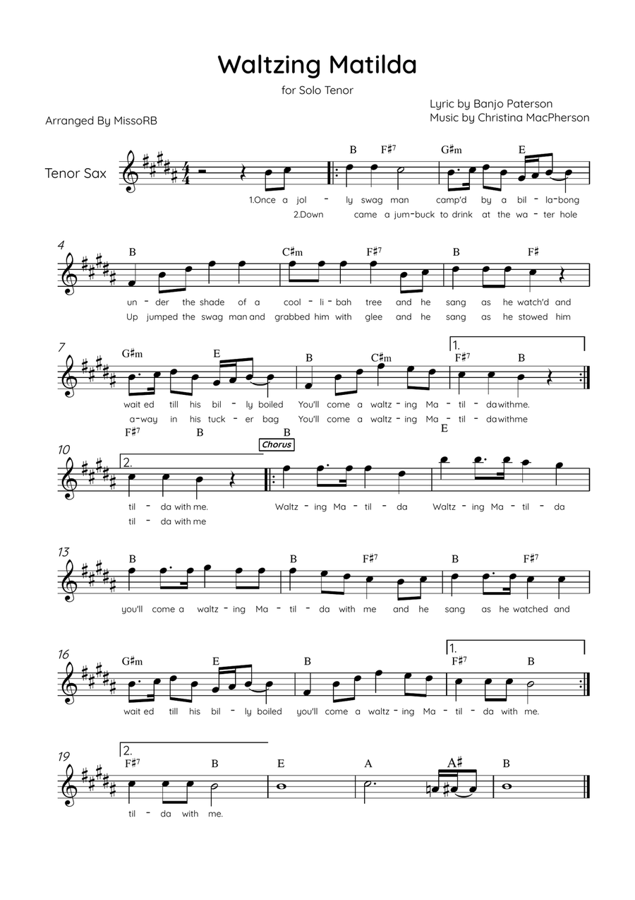 Waltzing Matilda - Solo Tenor Sax in A Major With Lyrics & Chords Tenor Saxophone scores gallery preview page 1